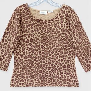 Neiman Marcus Cashmere Leopard Print Sweater Tan Brown Size L Soft Luxury Knit